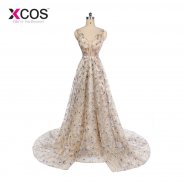 XCOS Champagne Formal Dress Sequin Evening Dress Long V Neck Back 2018 Party Dresses Court Train Prom Gowns