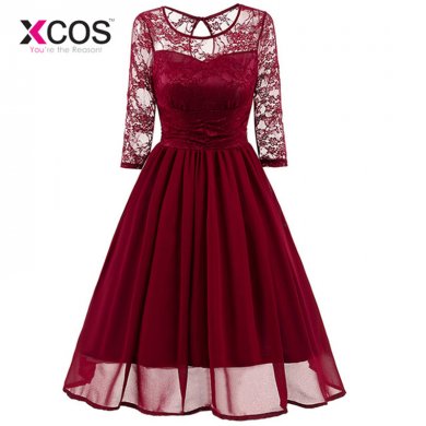 XCOS Burgundy Homecoming Dresses Simple A-Line Scoop Lace Cute Summer Women 2018 Short Vestidos Sexy Women Cocktail Dresses