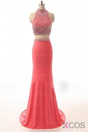 Watermelon Beaded Long Sheath Modest Prom Party Dresses