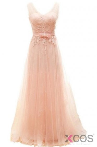 Charming Long Blush Pink Lace Elegant A-line Prom Dresses OK11