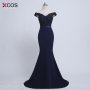 Robe De Soiree 2018 Mermaid Navy Blue Belt Evening Dress Long Party Elegant Vestido De Festa Off The Shoulder Prom Gown