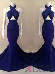 Elegant Mermaid Halter Court Train Royal Blue Long Prom Dress Evening Gowns With Ruched