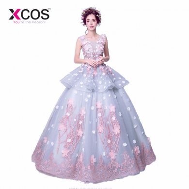 XCOS Vestido De Festa Long Elegant Prom Gowns Appliqued Plus Size 2018 Sexy Sleeveless Grey Pink Flowers Evening Party Dress