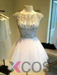 2015 Hot-selling A-line Knee-length Capped Tulle Beading Homecoming Dress TUHD-7277