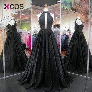 XCOS 2018 New Arrival Black Prom Dresses Tulle A Ling vestidos de festa Evening Dresses Long Beads abendkleider