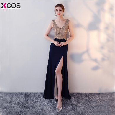 Mermaid Prom Dresses Long 2018 Xcos Fashion Small Train Sexy Trumpet Front High Split V-Neck Elegant Prom Dress