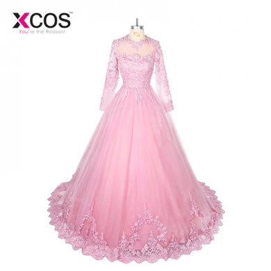 2018 Gorgeous Full Sleeve Formal Party Wear Plus Size New Design Beads Lace Evening Dress Arabic Pink Prom Gowns