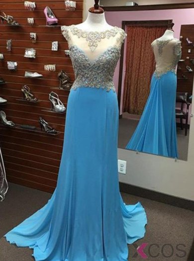 Elegant Mermaid Prom Dress - Blue Bateau Sweep Train With Beading