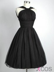 Simple Dress Knee Length Black Chiffon Vintage Bridesmaid Dresses CHBD-7129