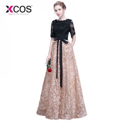 XCOS Floor Length Prom Dresses Long Vintage A Line O Neck Half Sleeves Evening Dress Women Occasion Party Dresses Gown