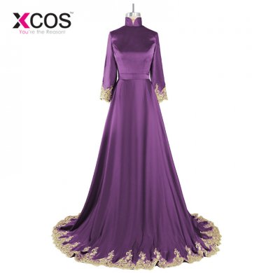 XCOS 2018 Muslim Evening Dresses A-line Long Sleeve Purple Chiffon Islamic Dubai Abaya Kaftan Long Evening Gown Prom Dress SC857