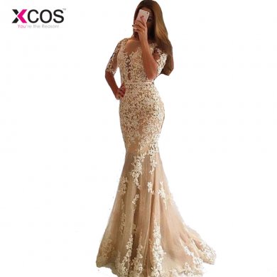 XCOS Champagne Lace Tulle Mermaid Half Sleeves Sexy Backless Prom Dress Illusion Sheer Scoop Evening Dress Gown Evening Dresses