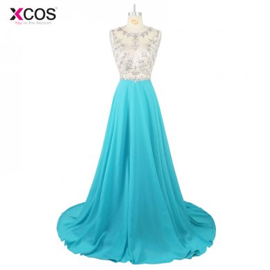 XCOS Formal Prom Dresses Long Women Elegant Scoop Sleeveless Blue Beaded Party Gowns Dresses 2017 New