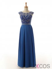 Simple Dress Handmade A-line Beading Scoop Open Back Long Royal Blue Chiffon Prom Dresses/Evening Dresses CHPD-7041