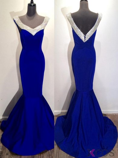 Elegant Mermaid Royal Blue Long Prom Dress with Beaded Neckline