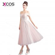 XCOS Pink Prom Dresses Short Off the Shoulder Lace ballkleider lang Beads Tea-Length Evening Gowns Occasion Dresses for Women