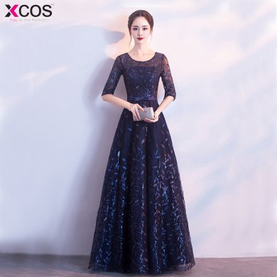 Evening Dresses Long Dress Vestido de Festa A-line Appliques Gown Half Sleeve Sequined Elegant Navy Blue Prom Party Dress 2018