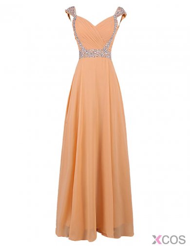 Fashion V-neck Beading Cap Sleeves Long Champagne Prom Dress