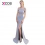 XCOS Grey Prom Dresses Long Off the Shoulder Lace Beading High Slit Mermaid Sexy Evening Gowns Sweep Train 2018 Vestido De Baile